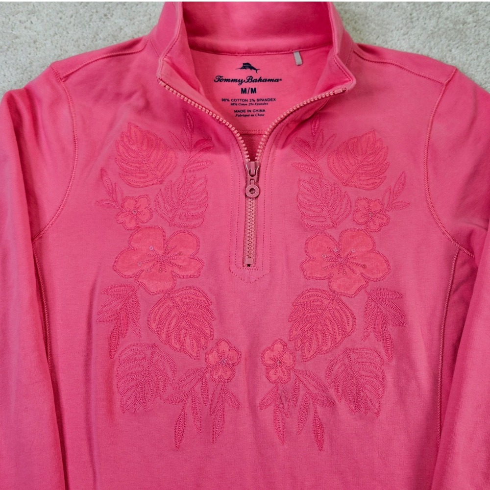 Tommy Bahama Pink Floral Embroidered Quarter Zip Pullover Top Size M Vibrant - Picture 2 of 8